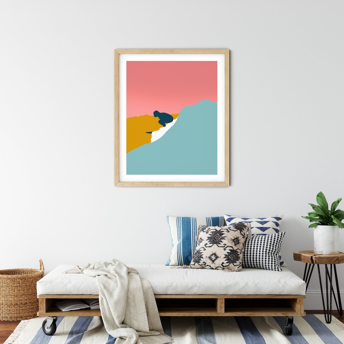 Surfer Girl Printable Art, Minimalist Surf Art, Coastal Decor, Dorm Wall Art, Nursery Art, Pink Blue Yellow Art Printable, Instant Download